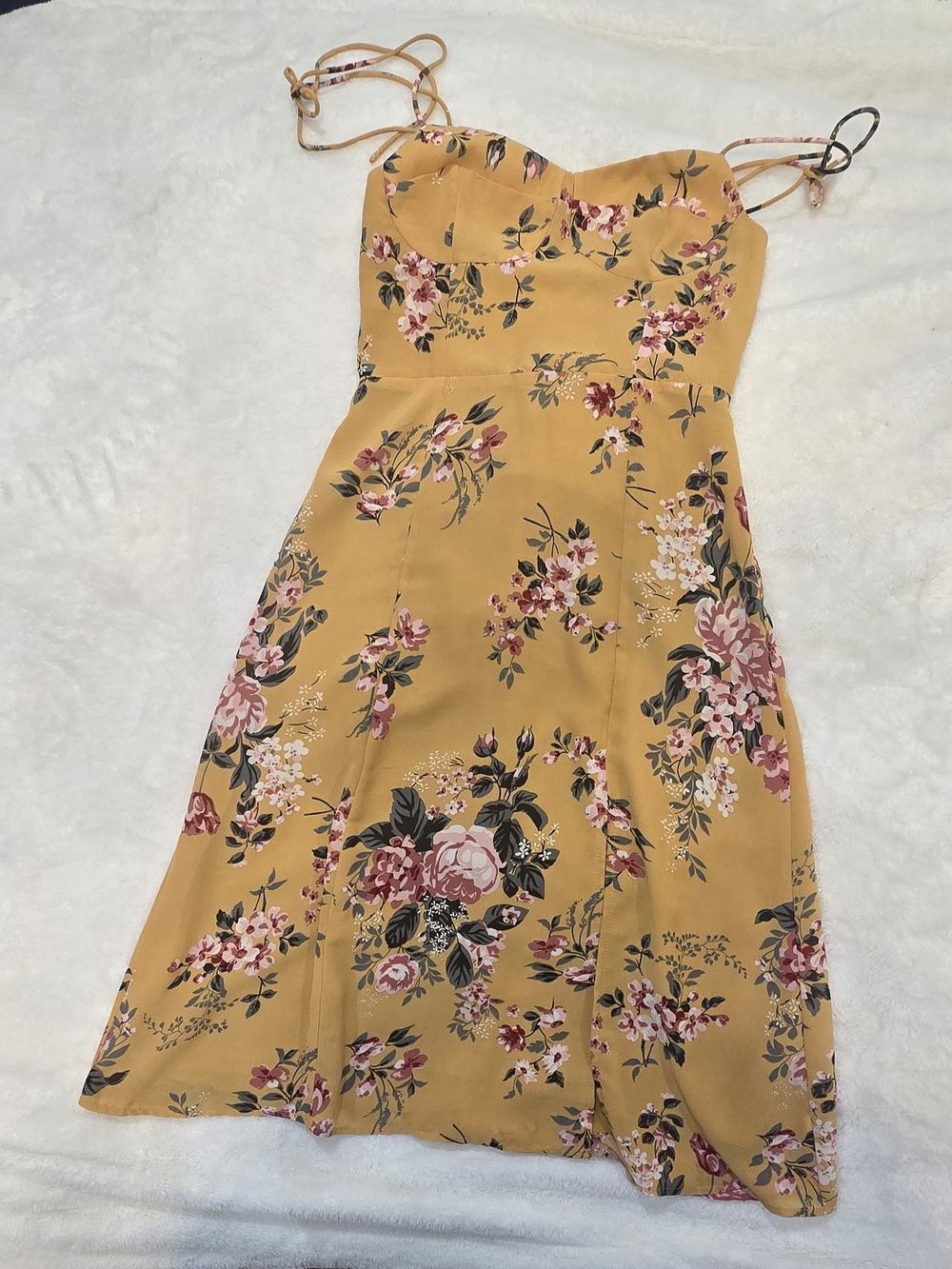 RIHOAS Mustard Yellow Floral Midi Sundress - Size M - Sweetheart Neck Tie Straps